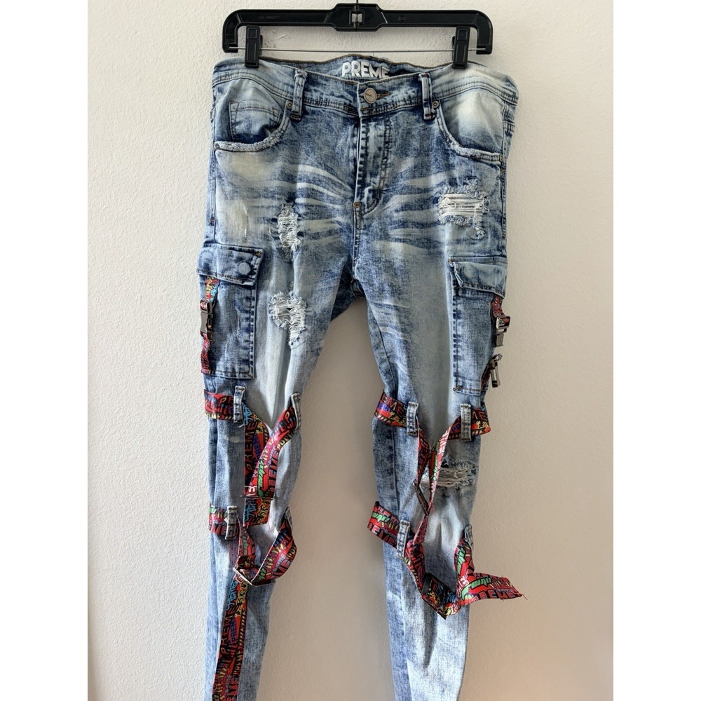DISTRESSED PREME RED/BLUE PAISLEY  INDIGO  JEANS  34" X 33